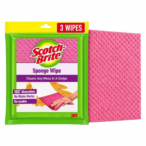 Scotch-Brite Sponge Wipes- Reusable, Kitchen and House Cleaning- Easy to use, Cleans any mess in a swipe, Absorbs water its own 10x weight, Multi- color, Biodegradable (pack of 3) — Linkbiz SmartDeal's
