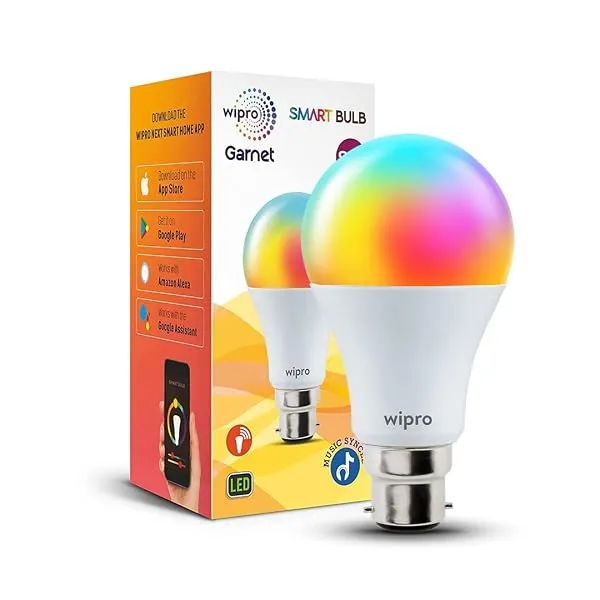 wipro 9-Watt B22 WiFi Smart LED Bulb with Music Sync (16 Million Colours + Warm White/Neutral White/White) (Compatible with Amazon Alexa and Google Assistant), Standard (NS9400)(Pa — Linkbiz SmartDeal's