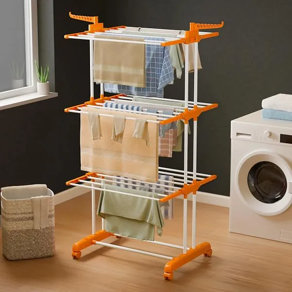 Happer Premium Clothes Stand for Drying with Wheels | Portable | 3 Layer Rack for Balcony | Foldable Wings | 24 Hanger Rods | Anti Rust Steel Metal (Orange | Prince Jumbo) — Linkbiz SmartDeal's