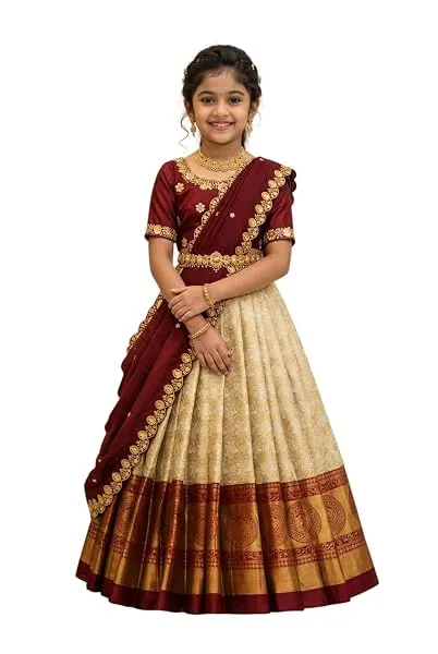 White Button New latest half Saree South Indian Langa Voni pattu pavadai lehenga choli for girls — Linkbiz SmartDeal's
