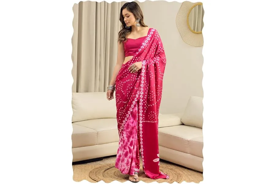 AKHILAM Women's Bandhani Printed Chiffon Ready To Wear Saree With Unstitched Blouse Piece — Linkbiz SmartDeal's