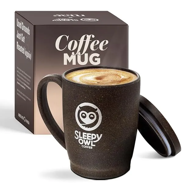 Sleepy Owl Coffee Mug with Lid | Crafted from Used Coffee Grounds | Eco-Friendly & Sustainable Cup | Microwave Safe | Spill Proof | Travel Friendly | Office | Home | Premium Gift | — Linkbiz SmartDeal's