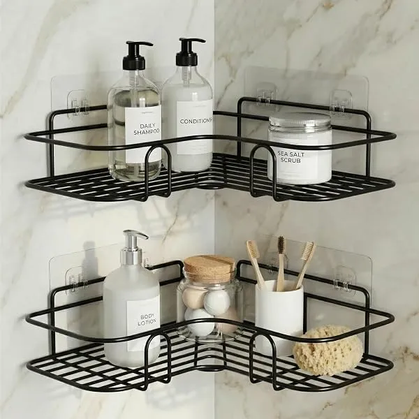 DALUCI Set of 2 Metal Bathroom Corner Shelf Rack | No Drilling Self Adhesive Wall Mounted Storage Organizer for Bathroom & Kitchen | Rustproof Bathroom Shelves (8 & 9 INCH, Black) — Linkbiz SmartDeal's