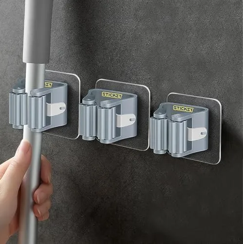 Stickzy Broom & Mop Holder Self Adhesive | No Drill Wall Mounted Non Slip Gripper Hook | Strong Adhesive Utility Rack for Kitchen, Bathroom, Garage Storage Organizer (Grey,1 Pack) — Linkbiz SmartDeal's
