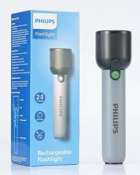 PHILIPS Handheld Torch Light, 2000mAh Torch Rechargeable, 2 Lighting Modes | Portable Flashlight with 400LM, 150M Coverage, IP44 Waterproof, LED Flash Light for Home, Camping, Hiki — Linkbiz SmartDeal's