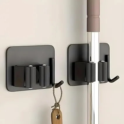 SANTALON Mop Broom Holder No Drill SUS304 Stainless Steel | Heavy Duty Wall Mounted Organizer Rack with Hooks | Storage Holder for Mop, Broom, Bathroom, Kitchen, Office, Balcony (B — Linkbiz SmartDeal's
