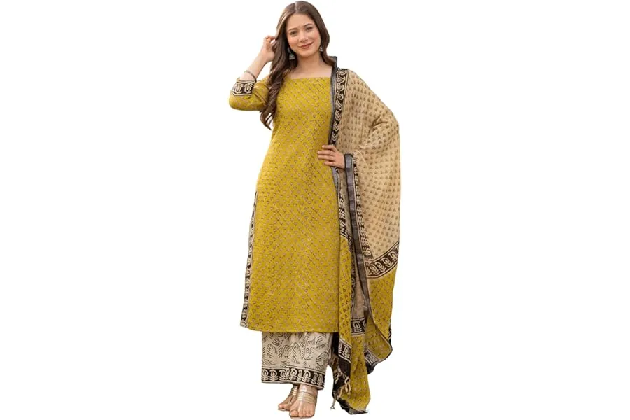 Amayra Women's Pure Cotton Straight Kurta Set with Palazzo Pants & Dupatta|Ethnic wear|Kurta Se — Linkbiz SmartDeal's