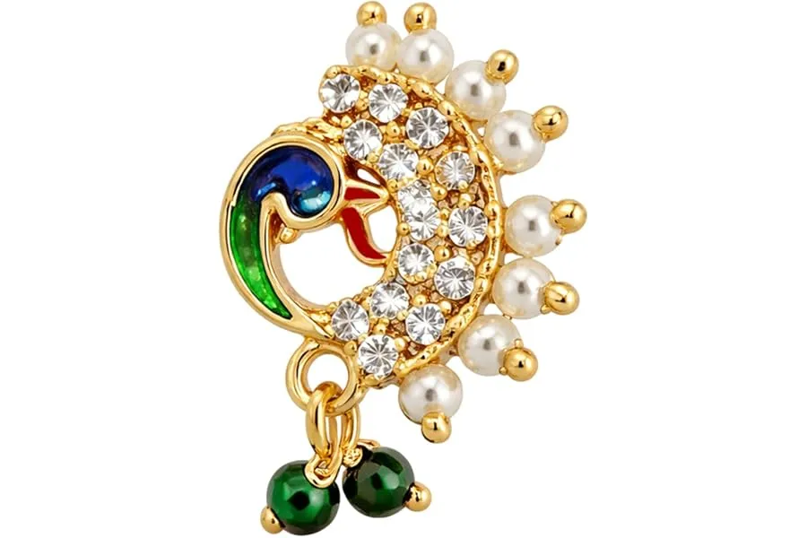 VAMA FASHIONS Gold Plated Maharastrian Marathi Nathni Pearl Nose Ring Pressing Nosepin Bridal W — Linkbiz SmartDeal's