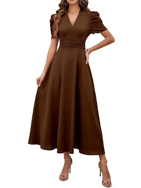 Shasmi Girl's & Women's Solid Color V-Neck A-Line Maxi Dress for Women | New Year Party Outfit | Waist Cinched Puff Sleeve Western | Elegant Casual Wear (Dress 246) — Linkbiz SmartDeal's
