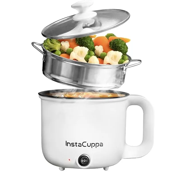 InstaCuppa 3-In-1 1.2Liter Multi Cook Kettle With Steamer, Non-Stick Inner Pot, Adjustable Temperature, Ideal For Boiling Milk, Tea, Coffee, Eggs & Steaming Veggies, 600 Watts, Whi — Linkbiz SmartDeal's