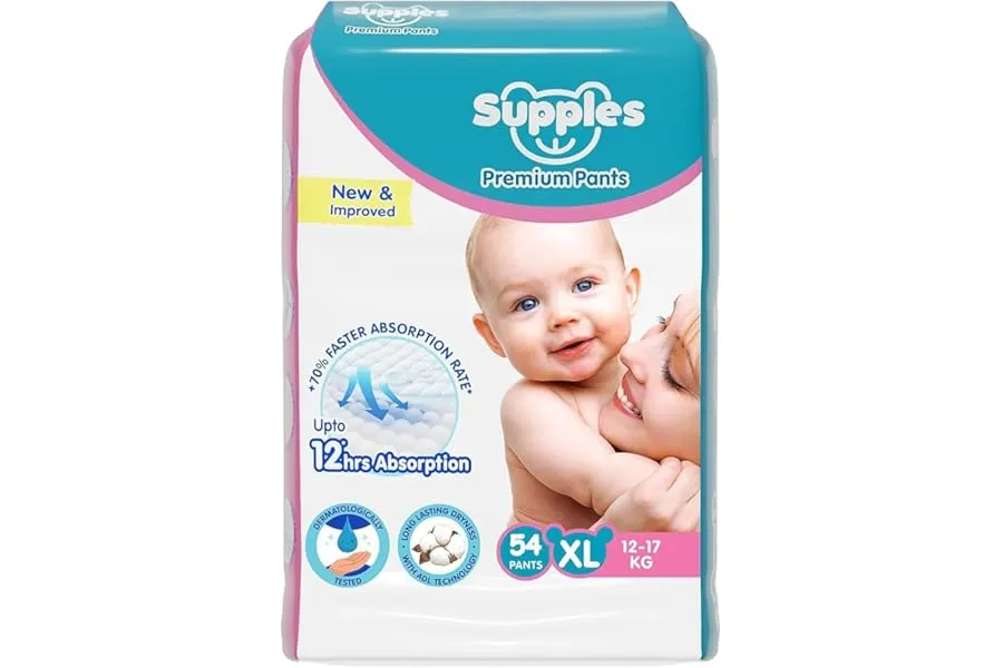 Amazon Brand - Supples Premium Baby Diaper Pants | 54 Baby Diapers | XL | 12-17 Kg | 12 Hrs Abs — Linkbiz SmartDeal's