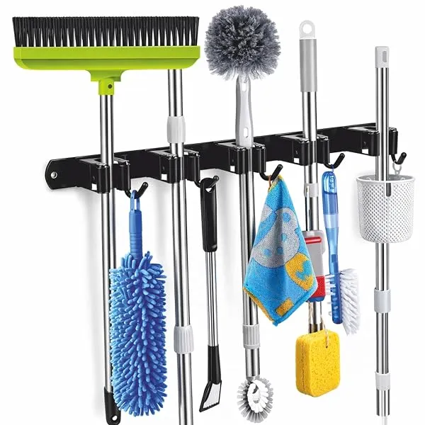 JIALTO Broom Holder and Mop Organizer | Mop Holder For Wall Without Drilling with 5 Slots and 4 Hooks for Kitchen, Garage, Garden, and Utility | Space Saving Cleaning Tool Organize — Linkbiz SmartDeal's