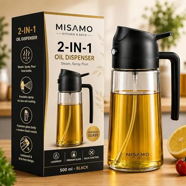 Misamo Enterprise 2-in-1 Oil Dispenser & Sprayer for Kitchen, 500ml, Black | 2-in-1 design delivers a fine mist spray or smooth pour for precise oil control while cooking, grilling — Linkbiz SmartDeal's