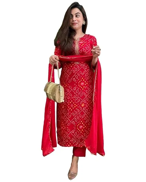 GoSriKi Viscose Printed Straight Kurta with Pant and Dupatta for Women | Viscose Wine | 3/4 Sleeve | Round Neck V-Slit | Ethnic Wear Casual Wear — Linkbiz SmartDeal's