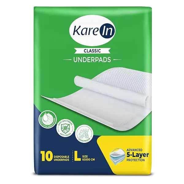 KareIn Classic Underpads For Adults, Large 60 x 90 cm, 10 Unit, Highly Absorbent, Anti-Bacterial, Rash Protection, Leak Proof, Protects Surfaces from Incontinence, Odor Control, Su — Linkbiz SmartDeal's