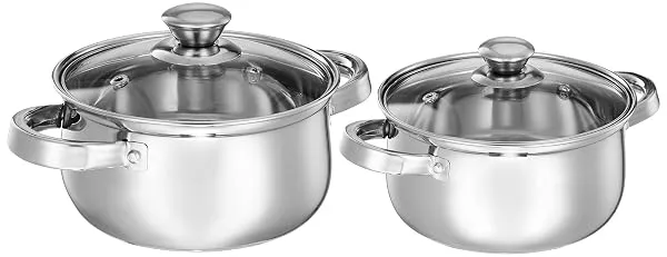 Amazon Brand - Solimo Set of 2 Stainless Steel Cook and Serve Set | Glass Lid | Dishwasher-Safe, 2L 700 ml|Induction and Gas Stove Compatible — Linkbiz SmartDeal's