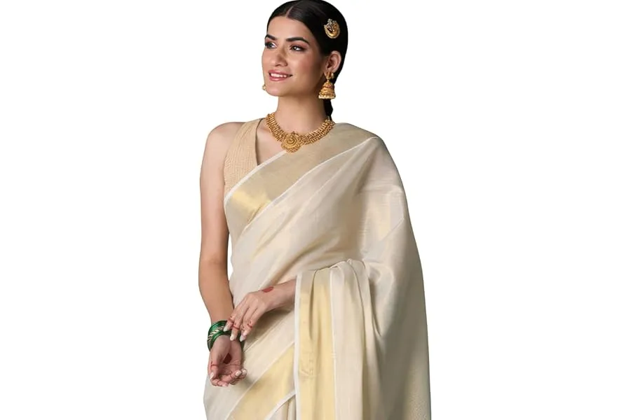 DhevStylish Women's Kerala Kasavu Golden Tissue Plain South Indian Saree with Running Blouse | — Linkbiz SmartDeal's