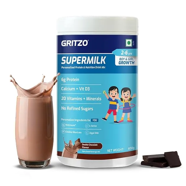 Gritzo SuperMilk Growth (2-6y Kids), Double Chocolate, 400g | 6g Protein with 20 Vitamins & Minerals | Zero Refined Sugar — Linkbiz SmartDeal's