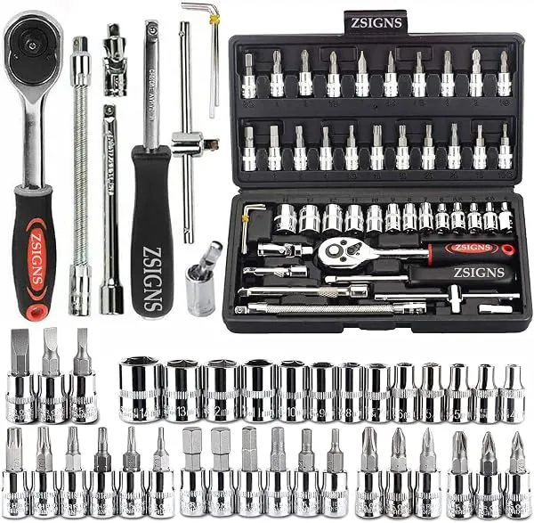 ZSIGNS 46Pcs 1/4 Inch Drive Box End Socket Set,Metric Ratchet Wrench Set With 4-14Mm Cr-V Sockets,S2 Bits,Extension Bars,Mechanic Tool Kits For Household Auto Repair (Black), Chrom — Linkbiz SmartDeal's