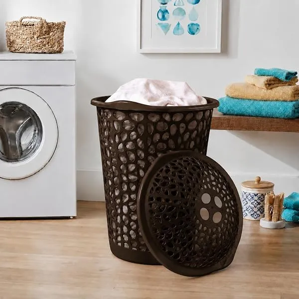KITCHIVO™ Plastic Large 55 Ltr Laundry Basket with Lid & Handle | Multipurpose Hamper Bins Storing Washable Clothes, Blankets | Household Ideal for Home & Bathroom (Round Brown) — Linkbiz SmartDeal's