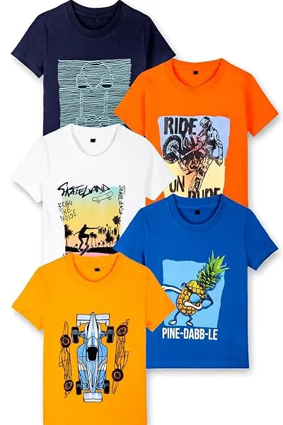 T2F Boys Cotton Regular fit T-Shirts Pack of 5 |Soft Cotton Breathable Fabric | Half Sleeve Round Neck | Casual Wear Combo | Kids Clothing — Linkbiz SmartDeal's