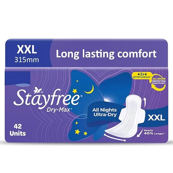 Stayfree Dry Max All Night XXL Sanitary Pads For Women | 42 Pads | Dry Cover | Provides Dry Feel for Up to 12 Hours | Super Lock Gel Pockets to Absorb Heavy Flow — Linkbiz SmartDeal's