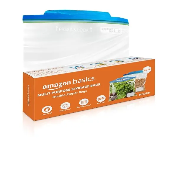 Amazon Basics - Multipurpose Zip Lock Storage Bags | 45 Bags | Medium | 26 x 28 cm | Reusable and Reclosable with Double Zipper | Material Plastic | Leak- Proof | Food Grade | Micr — Linkbiz SmartDeal's