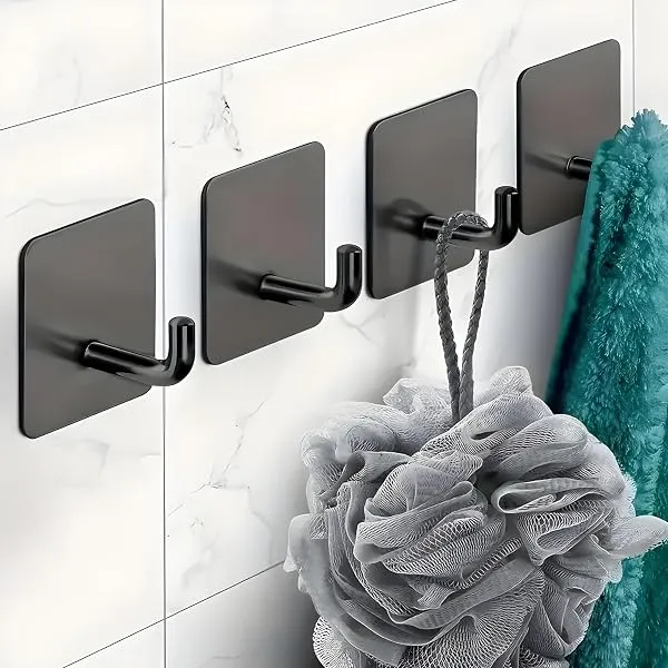 JIALTO 4 PCS Self Adhesive Stainless Steel Wall Hooks – Heavy Duty Waterproof No Drill Wall Hanger for Bathroom, Kitchen & Towel – Strong Coat Hook, J Hook Black (Holds Up to 5 KG) — Linkbiz SmartDeal's