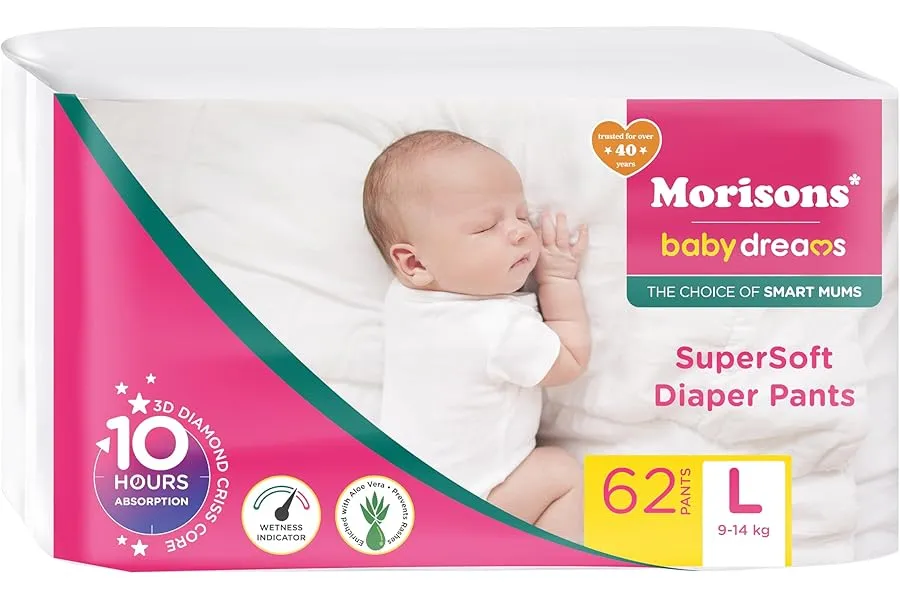 Morisons Baby Dreams – Supersoft Diaper Pants Large (L) – 62 Count (9-14 Kgs) | 16X More Absorp — Linkbiz SmartDeal's