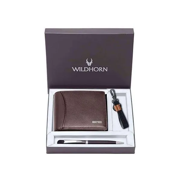 WildHorn Gift Hamper for Men I RFID Protected Leather Wallet, Keychain & Pen Combo Gift Set I Gift for Friend, Boyfriend,Husband,Father, Son etc (Brown M) — Linkbiz SmartDeal's