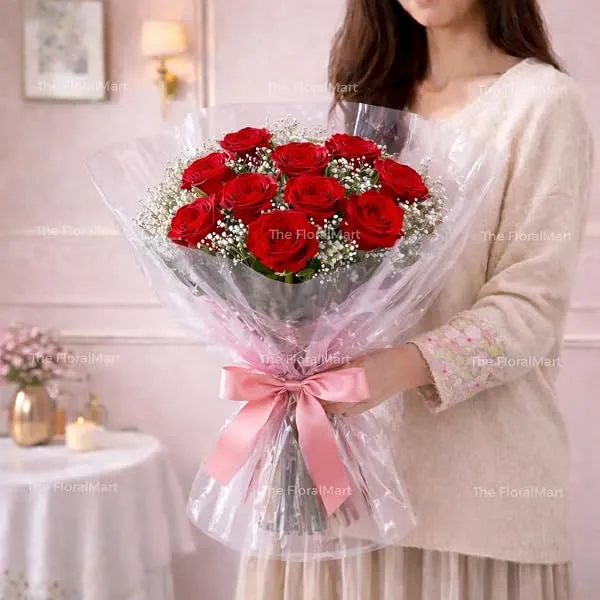 The FloralMart Fresh Flower Bouquet of 08 Real Red Roses in Cellophane Wrapping with Seasonal Fillers, Bunch of 08 (Red Rose Bouquet), Gifts for Valentine's Day, Women's Day, Mothe — Linkbiz SmartDeal's