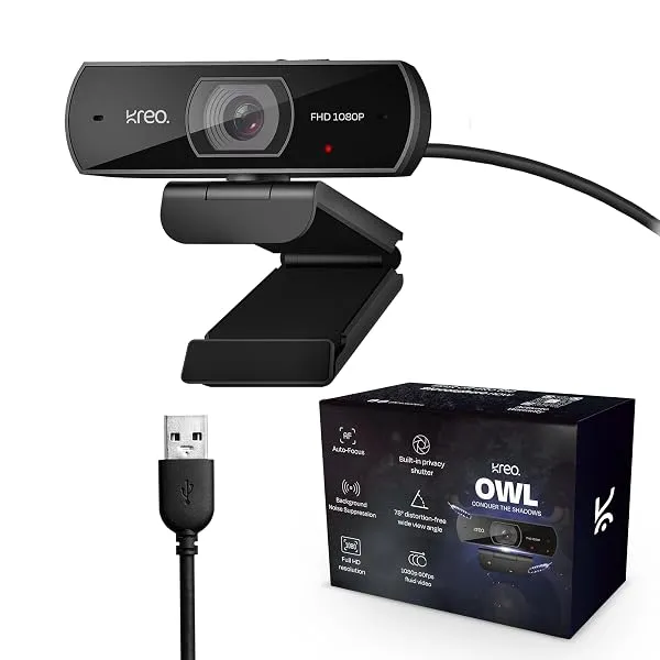 Kreo Owl Full HD 1080P 60 FPS Webcam, Black | Auto-Focus, Built-in Dual Digital Mic, Plug and Play Setup, Built-in Privacy Shutter with 360 Rotation — Linkbiz SmartDeal's