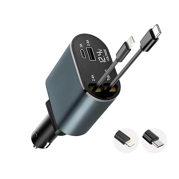 Prolet® 120W 4 in 1 Car Charger with 2 Retractable Cable (Type C & iPhone), 1 USB & 1 Type C Port- Universal Car Charger Compatible with All Android & iPhone Series 18/17/16/15/14/ — Linkbiz SmartDeal's