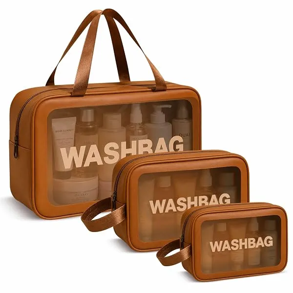 FLYNGO Clear Makeup Pouch Set, Cosmetic Organizer Bag for Women and Girls Travel Waterproof Toiletry Storage Kit (Set of 3 Tan Brown) — Linkbiz SmartDeal's
