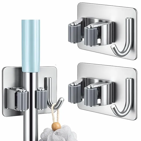 JIALTO Adhesive Mop & Broom Holder Wall Mounted, Steel No Drill Stick Holder for Home, Heavy Duty Wall Organizer, Silver (Pack of 2) — Linkbiz SmartDeal's