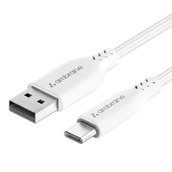 Ambrane Unbreakable 3A Fast Charging 1.5M Braided Type C USB Cable For Smartphones, Tablets & Other Type C Devices, 480Mbps Data Sync, Quick Charge 3.0 (RCT15 White) — Linkbiz SmartDeal's