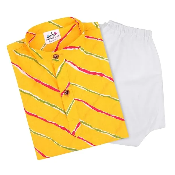 superminis Cotton Boys Sanganeri Lehariya Printed Kurta Set with White Pyjama Elastic Closure — Linkbiz SmartDeal's