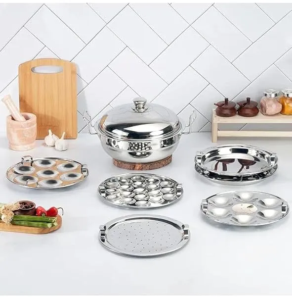 WayMore® Stainless Steel Idli Cooker Multi Kadai Steamer with Induction Bottom All-in-One Big Size 6 Plate, 2 Idli | 1 Mini Idli | 2 Dhokla | 1 Patra | Momo's | 4 in 1 | 28.5 cm Di — Linkbiz SmartDeal's