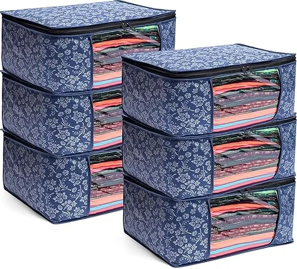 LAXIS® Saree Covers With Zip Non-Woven Printed Saree Cover/Saree Organizer For Wardrobe/Cloth Storage With Transparent Window/Saree Bags Storage/Clothes Organizer (Blue- Pack of 6) — Linkbiz SmartDeal's