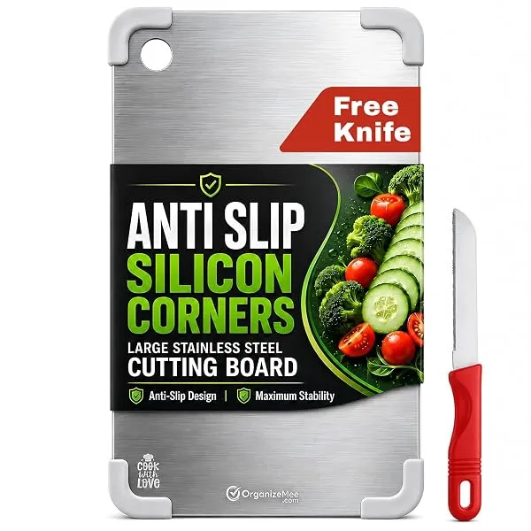 OrganizeMee Stainless Steel Chopping Board Large 36 x 25 cm | Non Slip, Silicone Anti-Skid Corner Protectors, Rust Proof, For Vegetables, Fruits & Meat — Linkbiz SmartDeal's