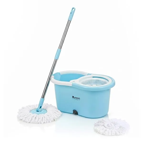 Mumma's LIFE Plastic Spin Mop Bucket, Moppers for Cleaning Floor, Mop Set Extendable Handle, Removable Wringer 360° with Floor Cleaner Mopping Stick (Round Mop Set) — Linkbiz SmartDeal's