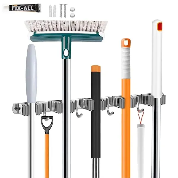 AADIVY Metal Broom Holder & Mop Holder Wall Mount 5 Slot + 4 Hooks | Heavy-Duty Mop Hanger for Wall (Drill & No-Drill) | Non-Slip Jhadu Holder, Broom Organizer for Home & Kitchen — Linkbiz SmartDeal's