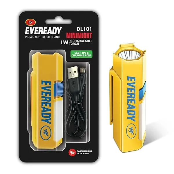 EVEREADY DL 101 Minimight, 1W Rechargeable Emergency Torch + 2W Sidelight | Pocket-Friendly Hexagonal Design, Hands-Free Clip, Type B/Micro USB Charging, Overcharge & Deep Discharg — Linkbiz SmartDeal's