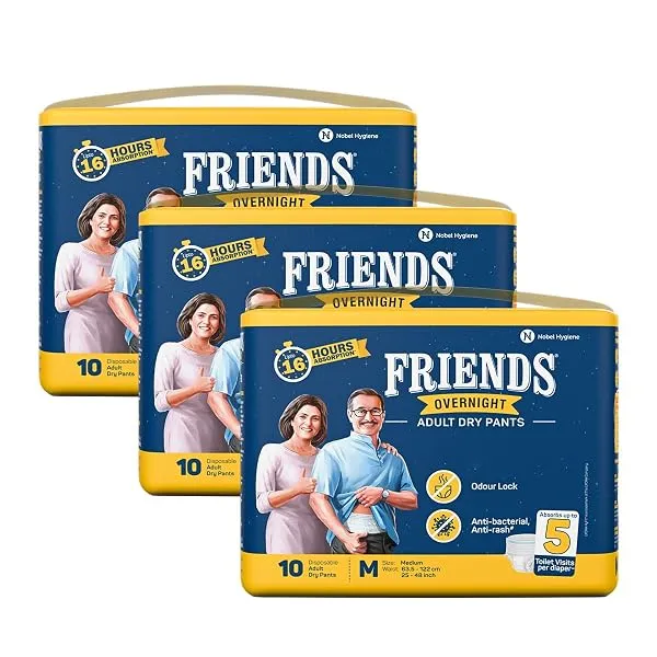 Friends Overnight Adult Diaper M Size Pants | 30 Count (Medium) | Waist 25 – 48 inch | 16 Hrs Protection | Leakproof | Quick & Even Absorption | Unisex | Anti-Rash | Odour Lock | S — Linkbiz SmartDeal's