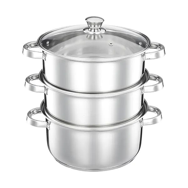 Amazon Brand – Solimo Stainless Steel 3-Tier Steamer with Glass Lid | 24 cm | Induction Bottom | For Modak, Momos & More | Multi-Layer Cooking | Rust-Resistant — Linkbiz SmartDeal's