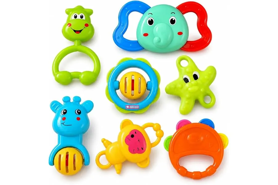 Storio Baby Products Toys 7 Pcs Rattle Set with Teathers for New Born Baby Gifts, Toy for Babie — Linkbiz SmartDeal's