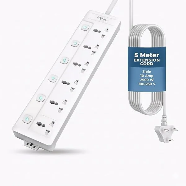 Embox 5 Meter Extension Board with USB| Extension Board with Switches 6 Universal Sockets Spike Guard | LED Indicator 2500W Extension Cord — Linkbiz SmartDeal's