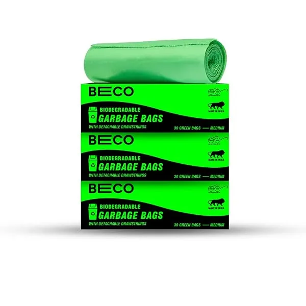 Beco Eco-Friendly Garbage Bags | 90 Pcs | Medium-19 x 21 Inches | 30 Bags x 3 Rolls | Green | Dustbin/Trash Bags with Detachable Drawstrings | For Dry & Wet waste — Linkbiz SmartDeal's