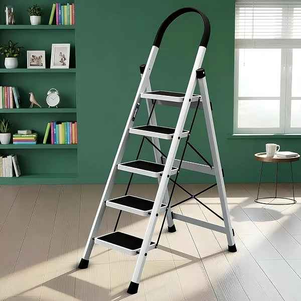 Plantex Ladder for Home 5 Steps/Foldable Ladder with Anti-Skid Wide Steps (30L x 20W cm)/Strong D-Shape Pipe with X-Support for More Stability/5 Year Warranty(Apex-White) — Linkbiz SmartDeal's