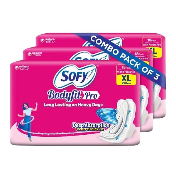 Sofy Bodyfit Pro Sanitary Pads (XL Size - 290 mm) 54 pads - Deep Absorption & fragrance, Centre Thick Fit, Soft on skin with comfy dry top sheet, with disposable wrap, (3 * 18 Pads — Linkbiz SmartDeal's